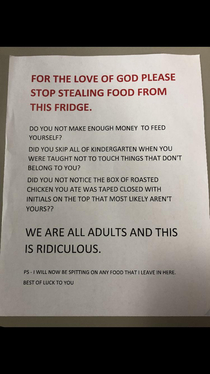 My mom is absolutely done with people stealing food in her office 