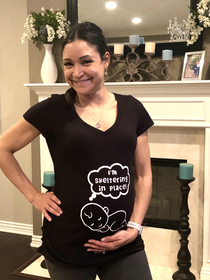 My mom made my wife a times-relevant maternity shirt for her first Mothers Day
