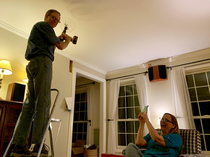 My mom taking a video of my dad drilling a hole in the ceiling because she expects him to screw it up