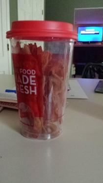 My mom works for Wendys Corporate she frequently brings me cups of bacon