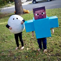 My neighbor made costumes for his kids may I introduce Steve from Minecraft and Egg