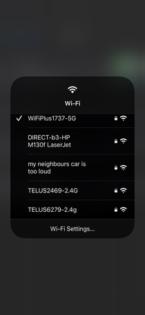 My neighbour is not happy about my car exhaust and used his wifi name to let me know