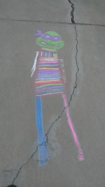 My nephew told me my TMNT chalk drawing wasnt very good and insisted on drawing the body for me