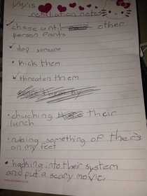 My niece is mad at her sisters Today my brother found her retaliation notes