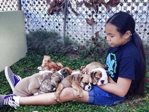 My niece sat like this for almost  hours in fear of waking the pups from their slumber