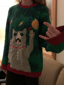My nieces -year son ran up to hug my daughterand then promptly backed away when he came face-to-face with her Christmas sweater
