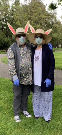 My parents really wanted to watch my son hunt for eggs today I told them they had to wear gloves amp masks just to be safe They showed up wearing this