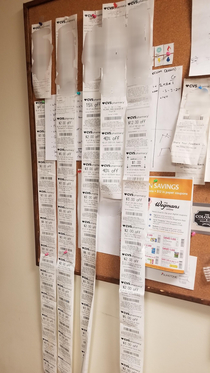 My roomates and I have a competition to see who gets the longest CVS receipt by the end of the year So far the winner is holding at  feet
