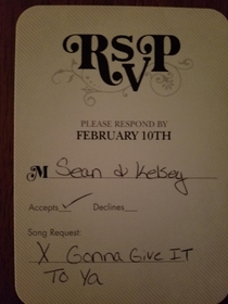 My RSVP to my sisters wedding My familys goal is to make her regret letting us request a song