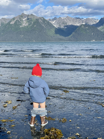 My son beachcoming during low tide in Seward Alaska