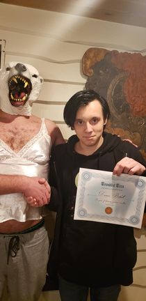 My son got sent to the guidance counselors office again today for having disturbing drawings which were commissions for a horror podcast so I made him a certificate and got gussied up for a presentation ceremony for years of distressing guidance counselor