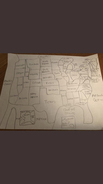 My son is about to take his first flight and he drew this United States map freehand by memory Better than I could do