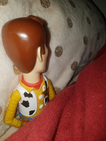 My son snuck into my bed and brought Woody with him I woke up to Woody looking right at me so I turned his face into the pillow Then I felt bad and turned his head in the other direction so he wouldnt suffocate Ya know just in case he really is alive