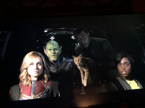My son started screaming so I paused the movie to take care of him The cast of Captain Marvel looked very concerned
