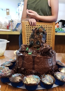 My sons Groot birthday cake melted on the  mile drive Now its a Golgothan themed cake
