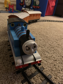 My sons Thomas the Tank Engine toy looks like it killed another tank engine and is wearing its face