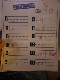 My st grader did very well on his spelling test today only one wrong Lol