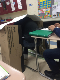 My teacher likes messing with people that fall asleep in class Today he built a small shelter for a napping kid next to me