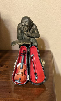 My tiny violin I bust out for pity parties Chimp reading a book for scale I didnt have a banana