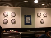 My university canteen has a wall clock for each of the universitys campuses except they are all in the same country so all the clocks show the exact same time
