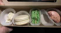 My wife and daughter greeted me at the airport with a box of half-eaten macarons their excuse is my airplane was  min late and they couldnt resist