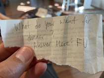 My wife asked my kid to write in what he wanted for dinner He wanted pho
