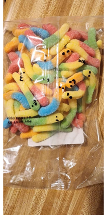 My wife drew faces on my bag of gummy worms