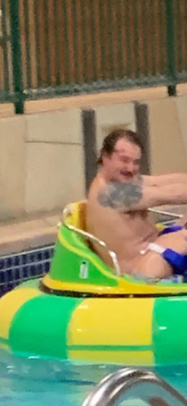 My wife tried to take a pic of my son and I on the bumper boats but he chose an unfortunate time to lean over