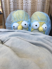 My wife wore her Homer slippers to the hospital for a minor procedure She got special permission to bring them in operating room but had to have net masks over them The nurse was cool and let the eyes stay uncovered
