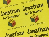 My  year old cousin is running for Treasurer of his middle school some of his campaign stickers were printed incorrectly