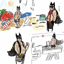 My  year old has started drawing fat middle aged Batman at the beach and its everything you never knew you needed in life