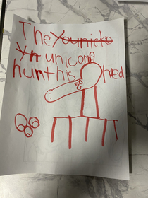 My  year old niece is writing a story about a unicorn This is the part when the unicorn hurt his head