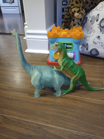 My  year old niece left her dinosaurs playing like this
