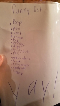 My  year old niece made a list of things that are funny I figured Id post it here as a reference sheet for the internet