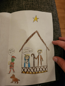 My  year old sisters Christmas card to me was the Grinch stealing baby Jesus