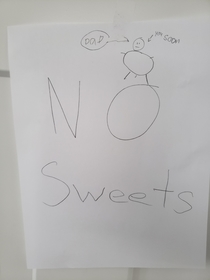 My  year old son says I am getting fat and decided to put this on our pantry door for me
