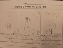 My  year old was asked at school what he wants to save  for