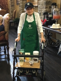 My  yo grandmother wanted to dress up like a Starbucks barista this Halloween I think she hit it out of the park
