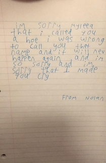 My yo nephew got in trouble at schoolthis is his apology letter