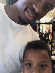 My younger brother taking a Selfie with Damian Lillard from the Portland Trail Blazers Nailed it