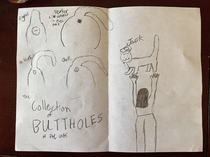 My yr old made me a birthday card with detailed drawings of the buttholes of our  cats and titled it The Collection of BUTTHOLES of the cats