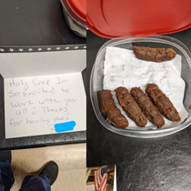New employee starting today brought brownies in for everone with this note