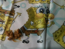 Not cool SpongeBob Right on the table cloth