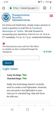 Official TSA website rules on traveling with a Lightsaber