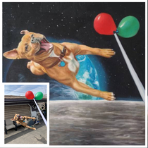 Oil Painting of the dog flying in space p