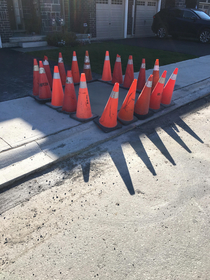 Ok Boss I put the cones around the wet cement Can I go now
