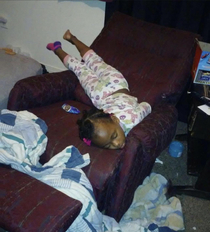 Old photo of my daughter lol I got home from work one night to find her like this I miss being a kid lol my back hurts looking at this lol
