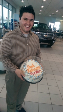 One of our less liked sales guys is quitting todayThis is the cake we got for himHe will be missed