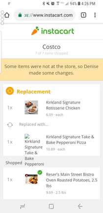 Ordered groceries from Costco Ordered a chicken got replaced with a pepperoni pizza
