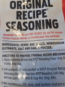 Original recipe mix at KFC The warning kills me